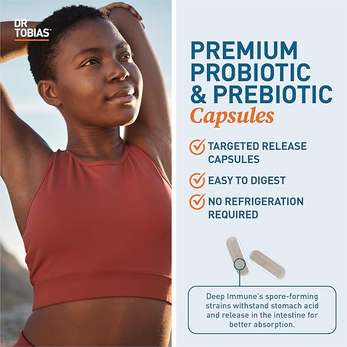Dr. Tobias Deep Immune Probiotics & Prebiotics - Dual Action Digestion & Immune Support with PreforPro Prebiotics & Spore Forming Probiotics for Women & Men - 180 Capsules (90 Servings)