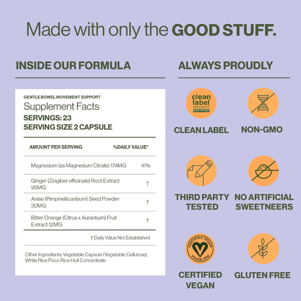 Hilma Gentle Bowel, Occasional Constipation Relief with Magnesium Citrate, Natural and Gentle Laxatives for Constipation w/Magnesium Citrate, Ginger, Anise and Bitter Orange, 46 Vegan Capsules
