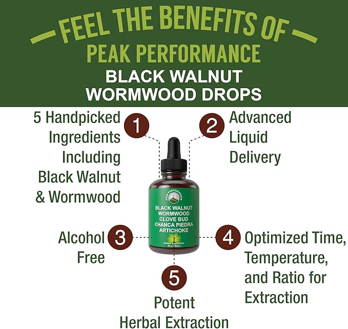Wormwood Black Walnut Clove Cleanse For Humans. Elimination Detox + Intestinal Support Liquid Tincture Supplement for Adults and Kids. With Artichoke and Chanca Piedra for Additional Benefits