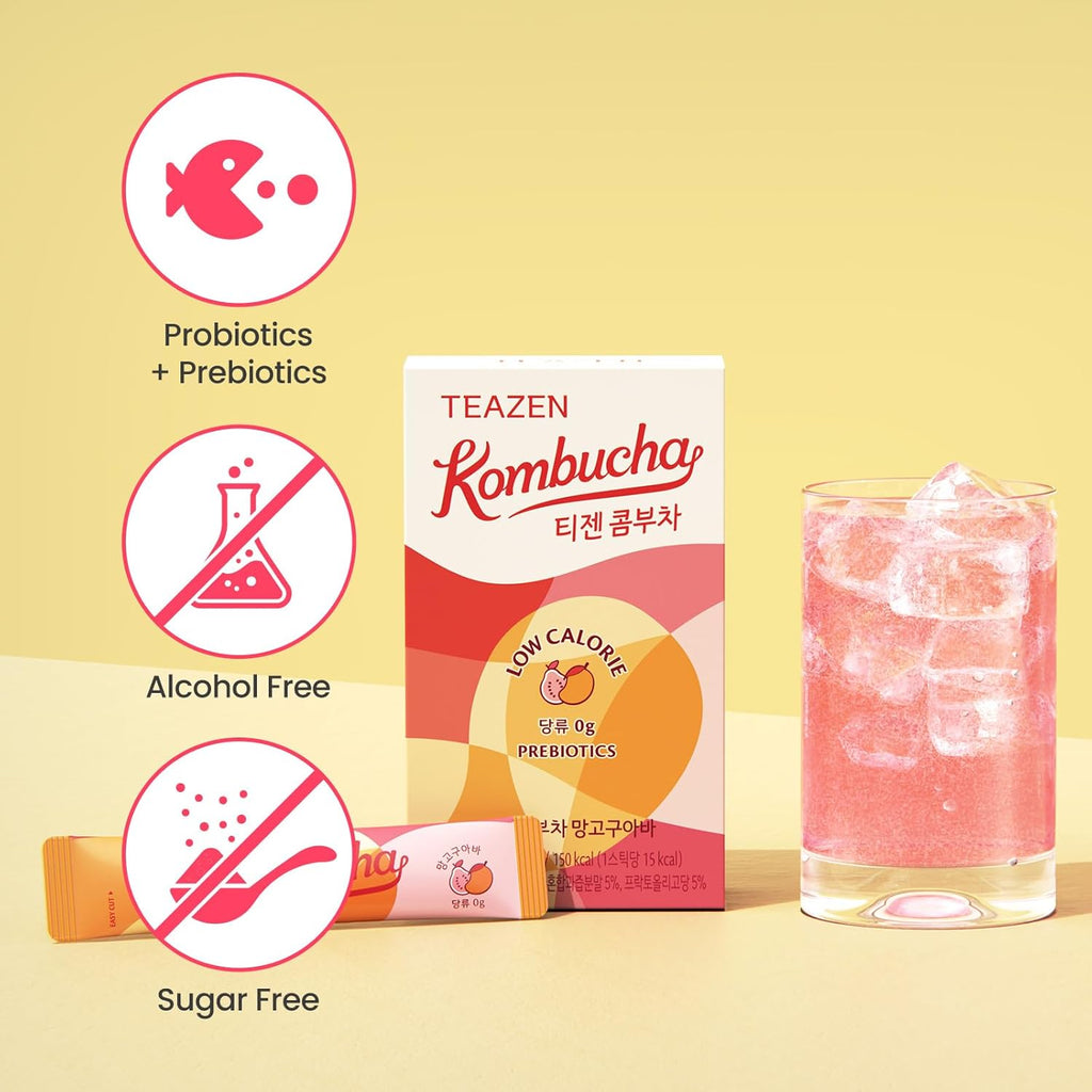 TEAZEN Mango Guava Kombucha Tea, Hydration Drink Mix, Sugar Free, Live Probiotics & Prebiotics, 10 Sticks, 1.76oz