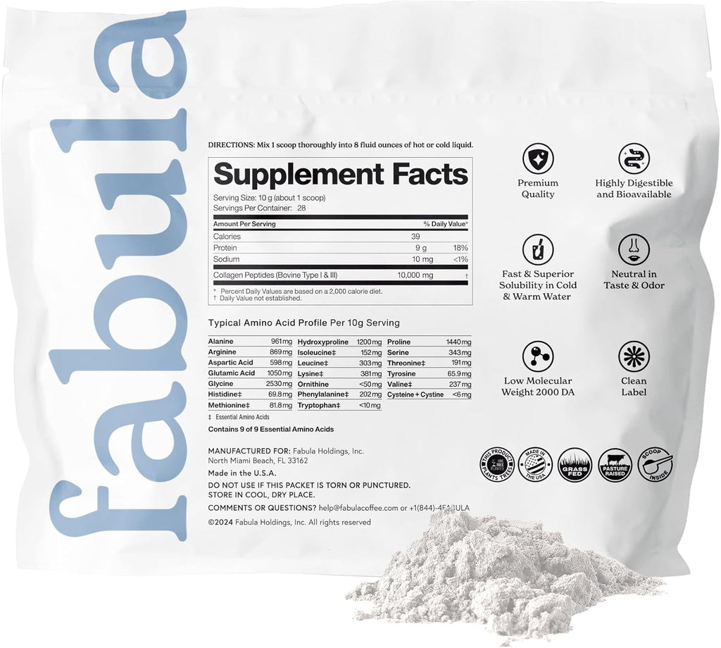 Fabula Collagen Peptides Powder, Hydrolyzed Bovine Collagen Type 1, Type 3 - Grass-Fed, Non-GMO, Gluten Free - Flavorless, 9.9 Oz, 28 Servings