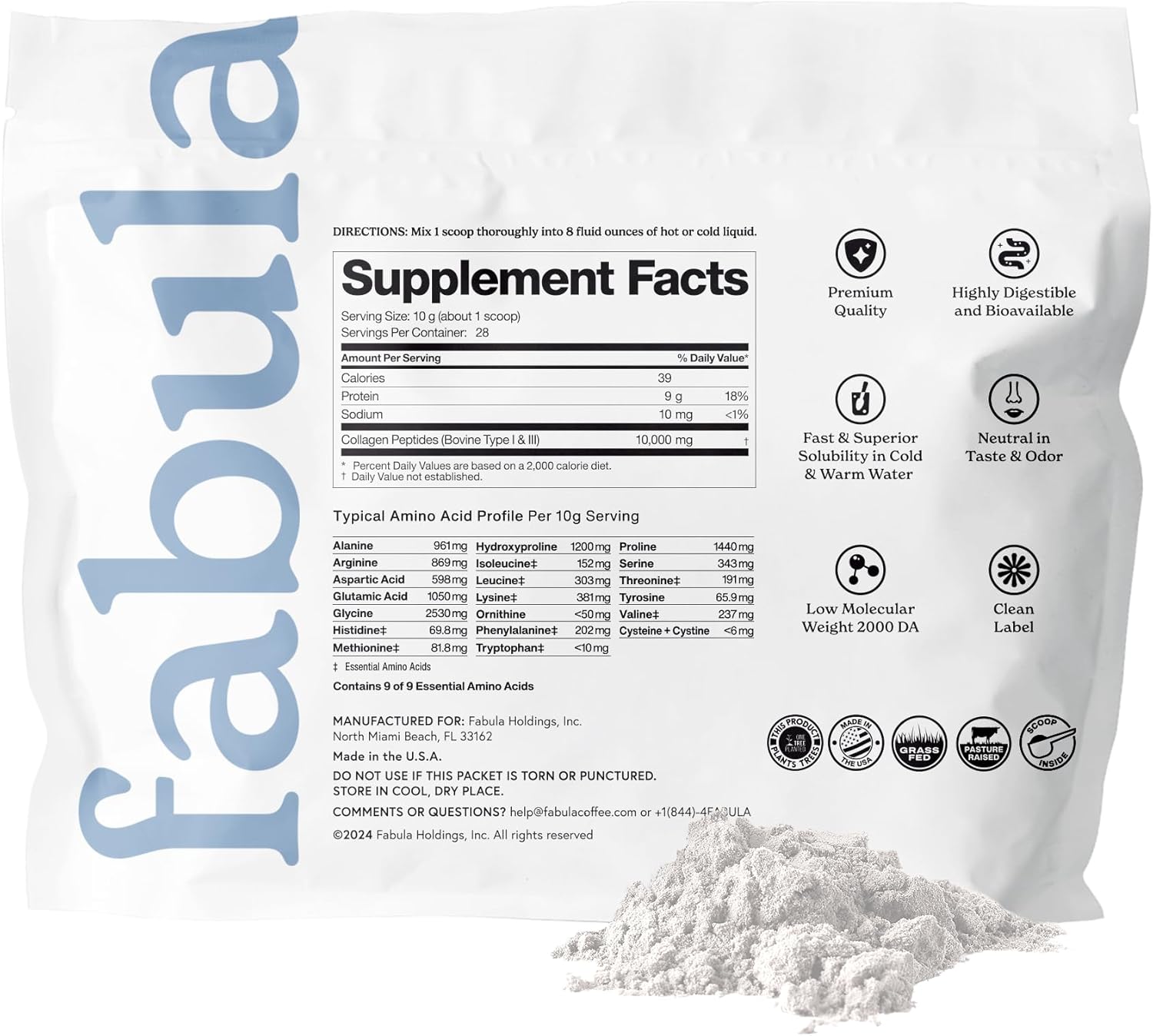 Fabula Collagen Peptides Powder, Hydrolyzed Bovine Collagen Type 1, Type 3 - Grass-Fed, Non-GMO, Gluten Free - Flavorless, 9.9 Oz, 28 Servings