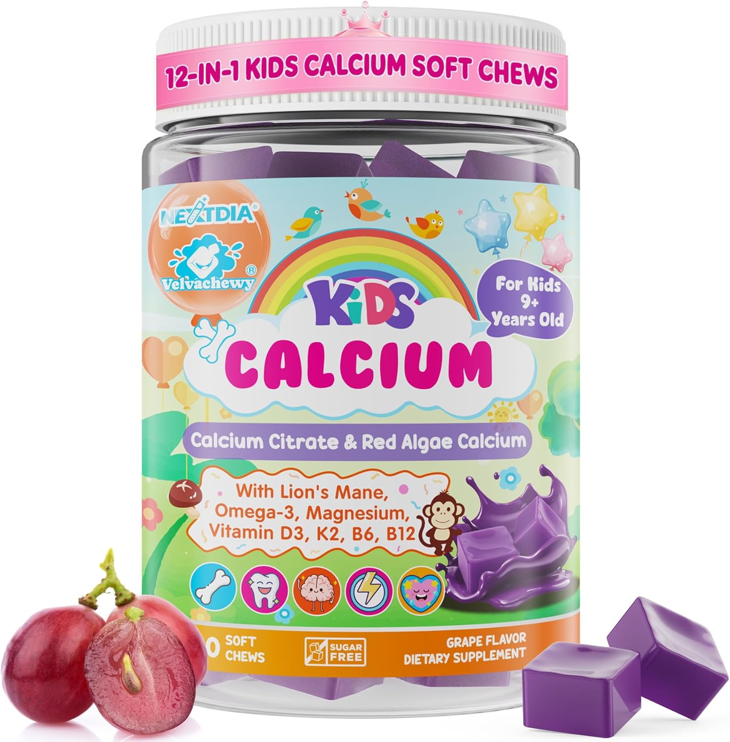 Kids Calcium Soft Chews + D3 & K2 for 9+, Calcium Gummies with Calcium Citrate & Red Algae Calcium, Lion's Mane, Omega-3, Magnesium for Bone Health, Teeth, Energy, Brain & Mṍṍd Support, 60Cts