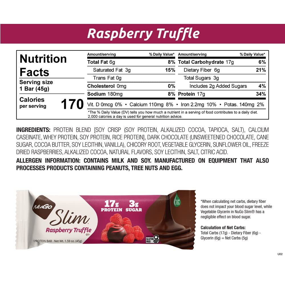 NuGo Slim Dark Chocolate Raspberry Truffle, 17g Protein, 2g Sugar, 7g Fiber, Low Net Carb, Keto Friendly, Gluten Free, 12 Count