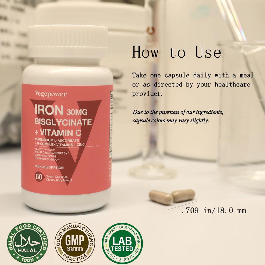 Iron Bisglycinate Supplement for Women & Men - 30mg Iron Pills with Vitamin C, B12, Folic Acid - Chelated Iron for Anemia, Health Blood - High Absorption, Gluten-Free, Non-GMO - 60 Vegan Caps