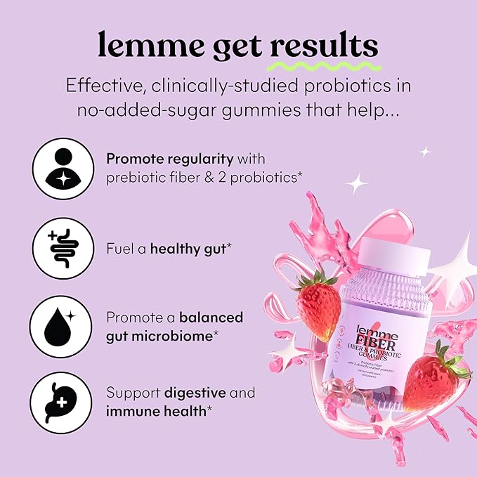 Lemme Fiber & Probiotic Gummies for Adults, Promotes Regularity & Digestive Health, No Sugar Added Strawberry Flavor, 4g Prebiotic Fiber & Clinically Studied Probiotic Strains, (60 Count)