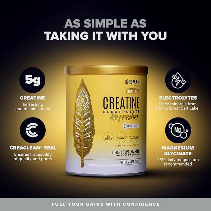 BIRDMAN Creatine Refresher | Creatine Monohydrate Powder with Electrolytes, Magnesium Glycinate & Vitamins | Creaclean Seal | Sugar Free, Low Calorie | Lemon Lime | 30 Servings