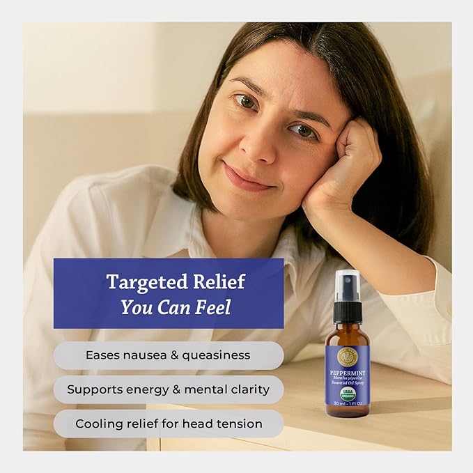 Silk Road Organic Peppermint Essential Oil Spray, USDA Certified, for Nausea, Morning Sickness, Focus & Head Tension - 1 Oz. Aromatherapy Spray
