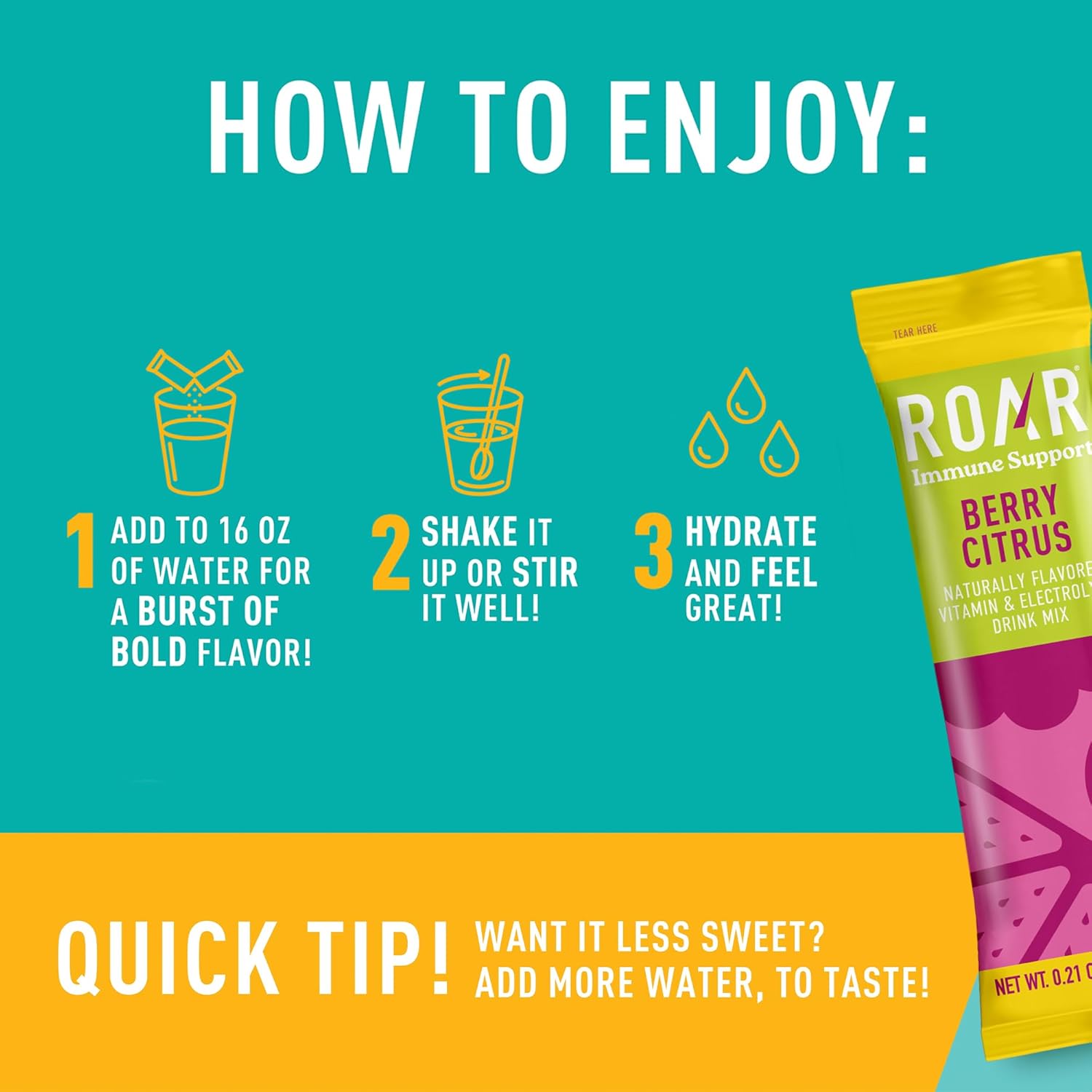 ROAR Immune Support Powder - Hydration Packets with Zinc and Elderberry - Electrolytes Powder - No GMOs, Gluten Free - Berry Citrus - 12 pc