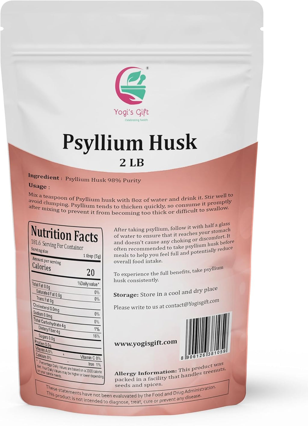 Psyllium Husk Whole 2 lb (32Oz), Use in Smoothies, Cooking and Baking, Unflavored, Fine Ground, 100% Natural, Non GMO, by Yogi's Gift®
