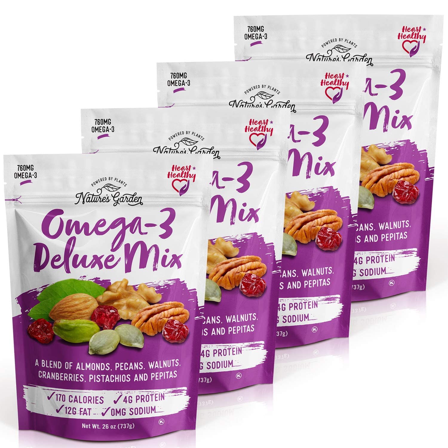 Nature's Garden Omega-3 Deluxe Mix - Power Up, Heart Healthy, Gluten Free, Antioxidant Rich, Cholesterol Free, Sodium Free, No Artificial Ingredients – 26 Oz Bag (Pack of 4)
