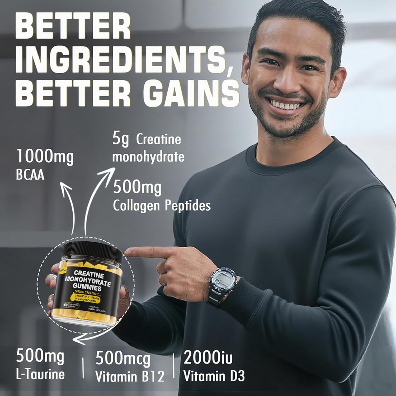 Creatine Monohydrate Gummies for Men & Women - with BCAA, Collagen Peptides, L-Taurine, Vitamin B12, D3, Creatine Monohydrate 5000mg (5g) Per Serving, Lemon Flavor, Sugar Free, 1 Pack