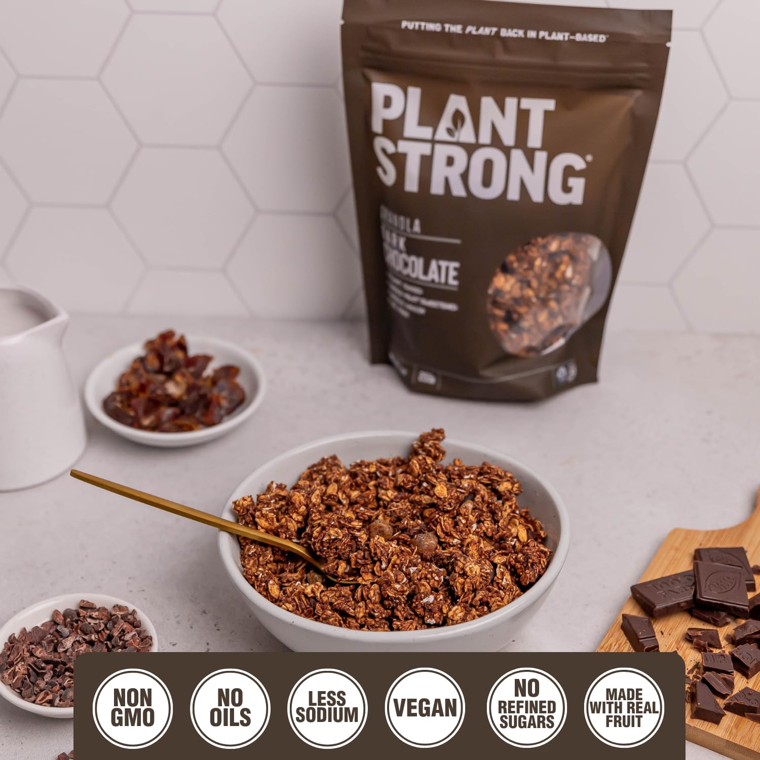 PLANTSTRONG Dark Chocolate Granola Snack Mix - Whole Grain, Naturally Sweetened With Fruit, Plant Based, Oil Free - Pack of 4 x 9oz Bags