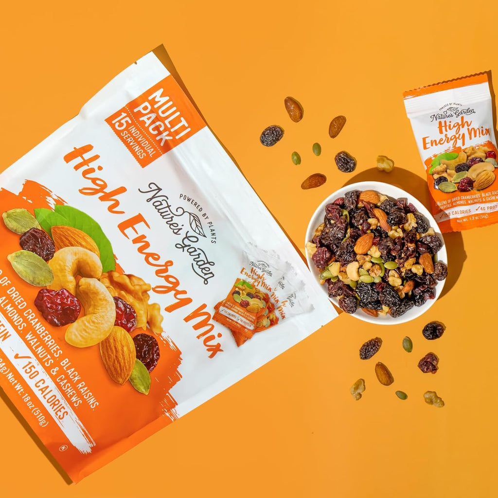 Nature's Garden High Energy Mix, Deluxe Mixed Nuts, Energy Boost, High Energy Trail Mix, Cranberries, Raisins, Almonds, Walnuts, Cholesterol Free, Sodium Free, No Artificial Ingredients – 1.2 Oz Bags (15 Individual Servings)
