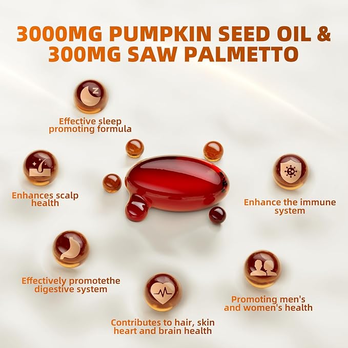 Pumpkin Seed Oil Capsules with Saw Palmetto - 3240mg - 300 Softgels, Cold Pressed, Essential Fatty Acids & Phytosterols, Natural Supplement for Hair Growth, Urinary - Non-GMO