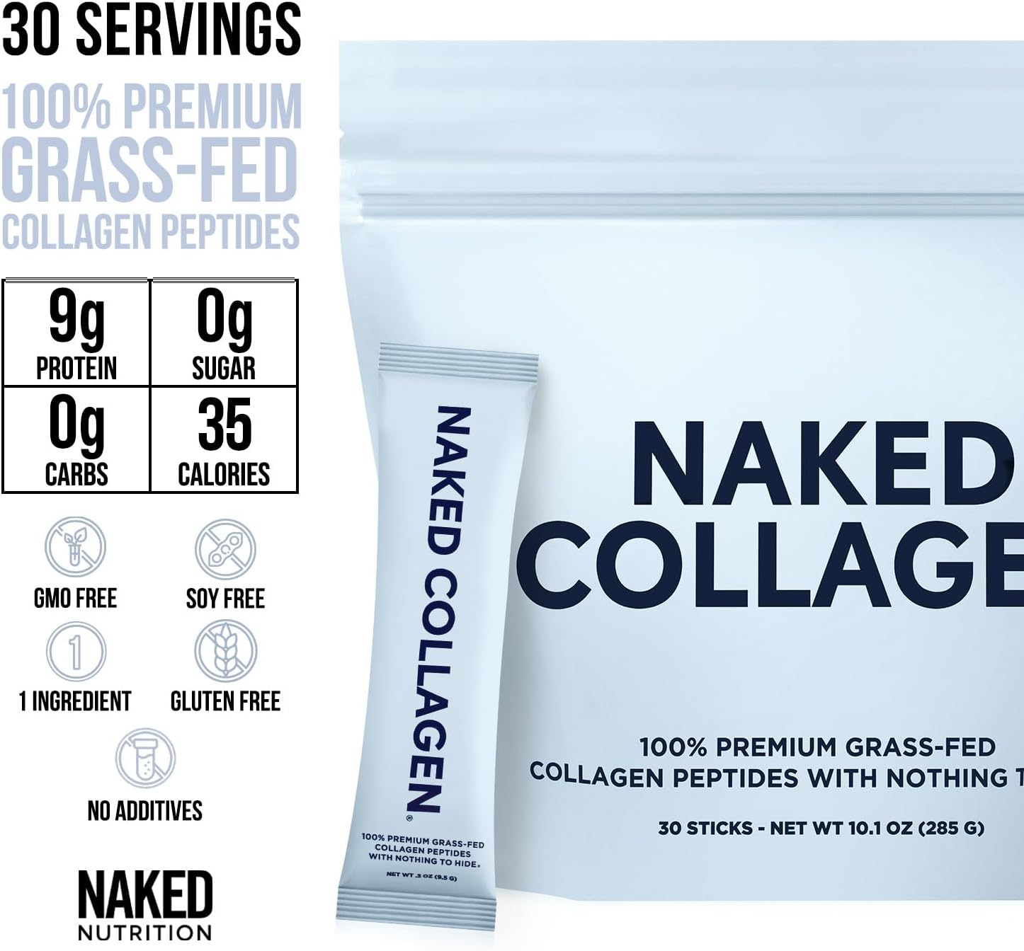 NAKED Collagen Stick Packs - Pasture-Raised, Unflavored Grass-Fed Hydrolyzed Collagen Travel Pack, Paleo Friendly, Non-GMO, Keto, Gluten Free, 30 Sachets