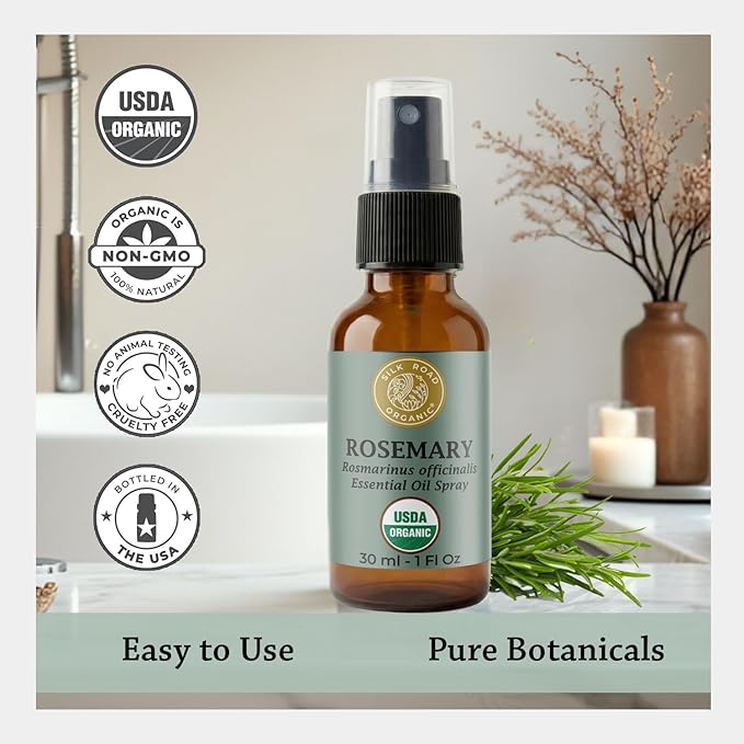 Silk Road Organic Rosemary Essential Oil & Jojoba Spray, USDA Certified, Support Hair Growth & Health – 1 oz. Aromatherapy Spray