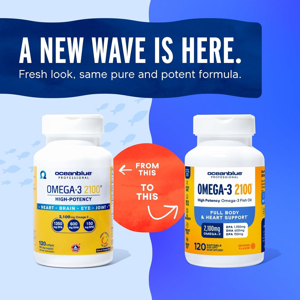 Oceanblue Professional Omega 3 2100-120 ct - High Potency Triple Strength Burpless Fish Oil with EPA, DHA & DPA - Wild Caught - Natural Orange Flavor, 60 Servings