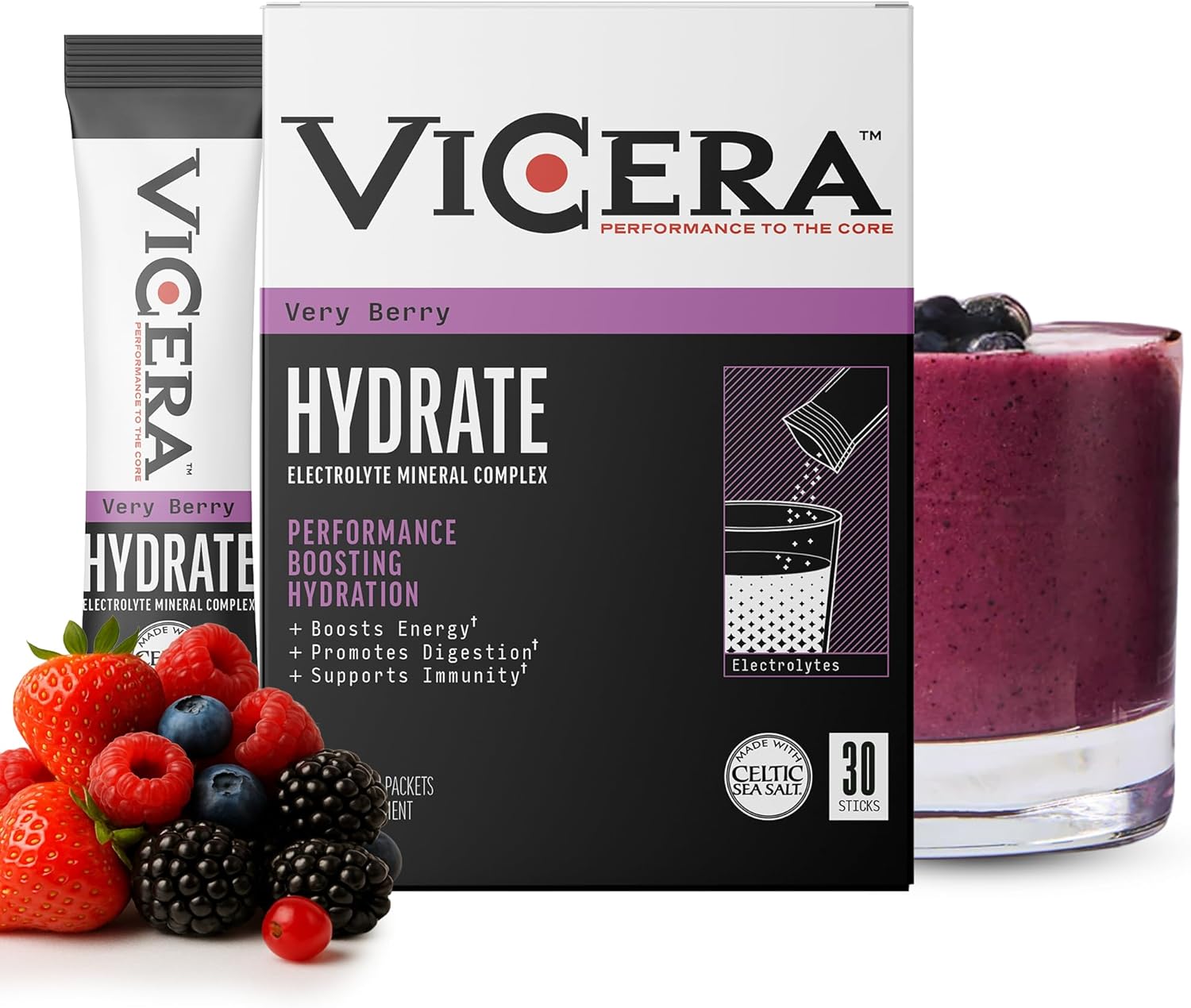 Electrolyte Powder, Very Berry Flavor, Hydration Packets with Celtic Sea Salt, Magnesium, Calcium, Choline, Potassium, Probiotics and Trace Minerals, Gluten Free Drink Mix, Non GMO, 30 Count