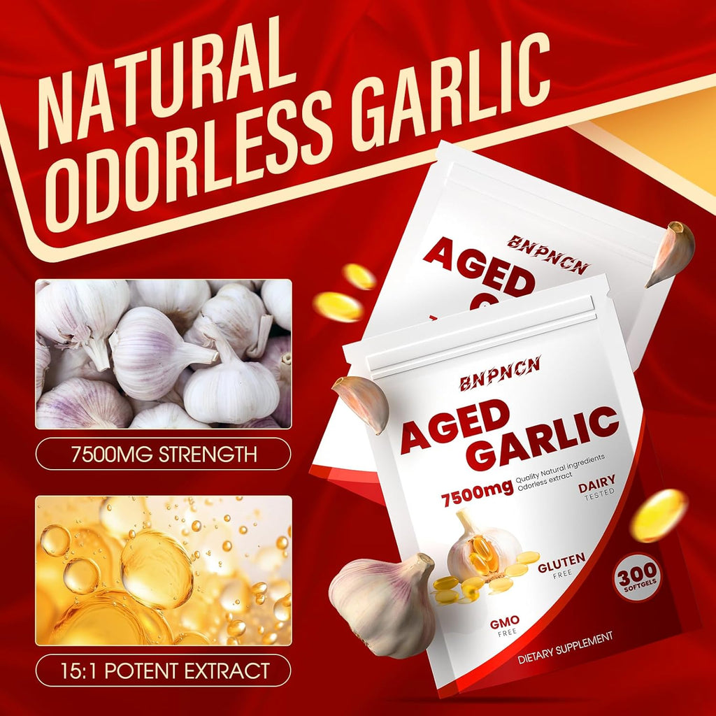 Aged Garlic Extract odorless 7500mg,Non-GMO, Gluten-Free | Supports Immune Health | Grown Allium Sativum Bulb | Potent Antioxidant Supplement,300 Softgels (1)