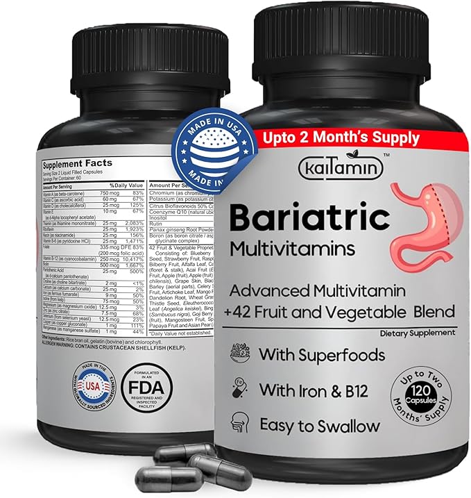 Bariatric Multivitamin with Iron – Post Bariatric Surgery – Gastric Bypass & Sleeve Support – for Women & Men – Easy to Swallow – B12, B6 & 42 Superfoods –Gluten-Free- 120 Caps 2-Month Supply