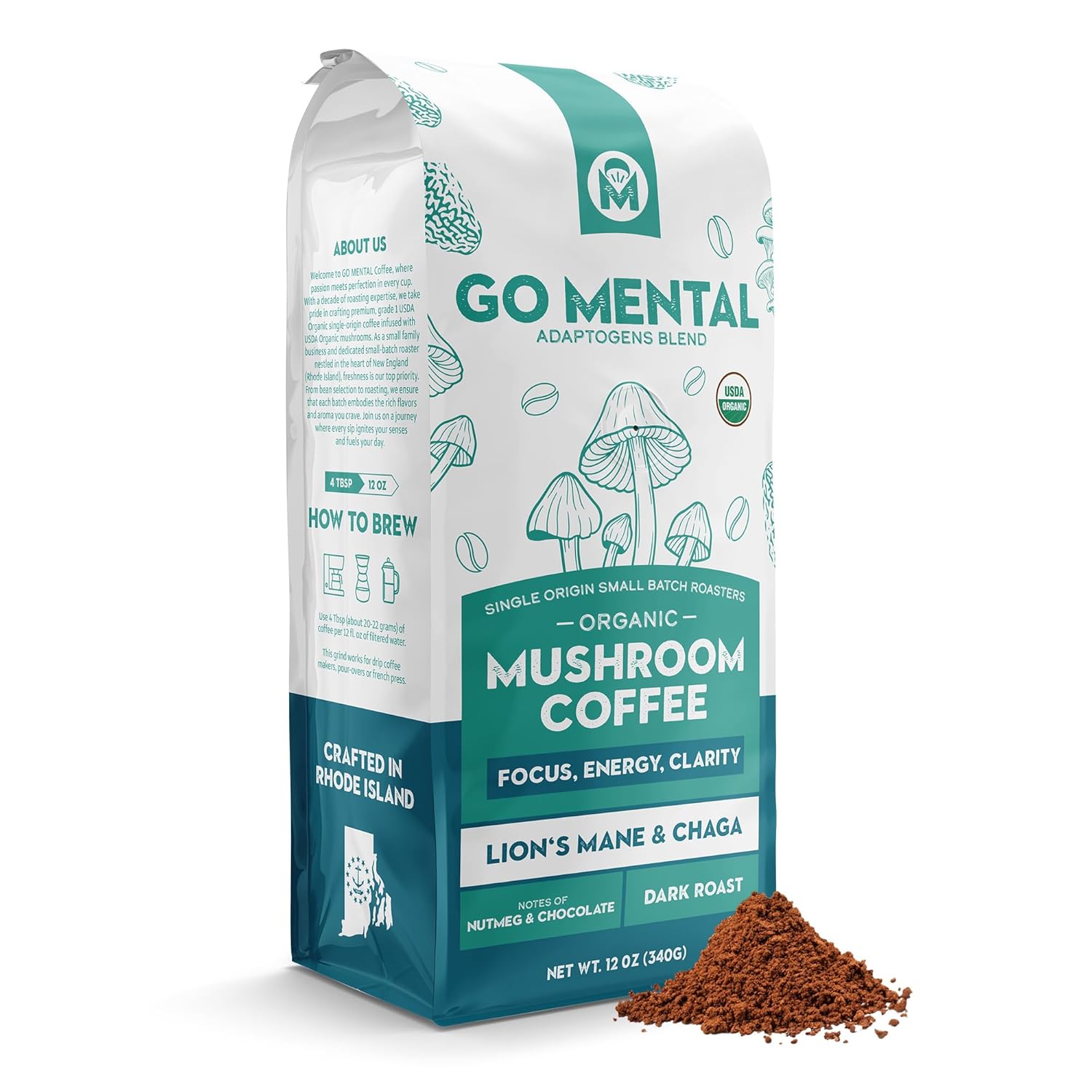 Organic Lion's Mane & Chaga Mushroom Coffee Ground Dark Roast, Full Fruiting Bodies, For Enhanced Brain Function, Immune Support, Wellbeing Grade 1 Single Origin, 12oz - Ground