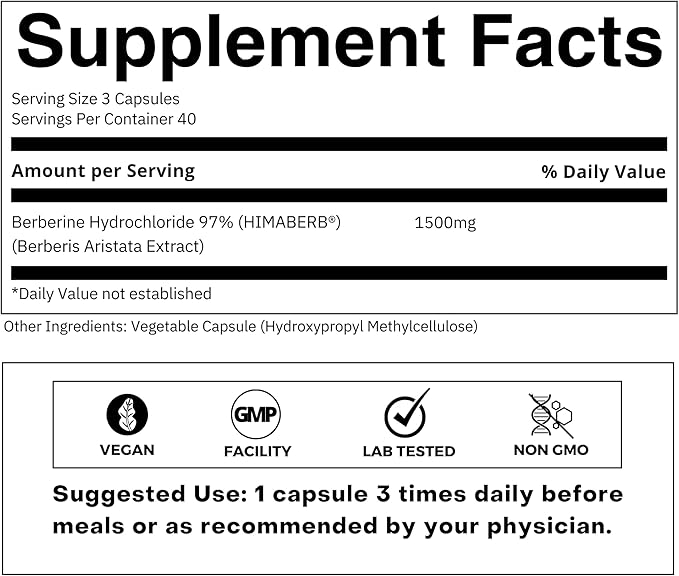 Clean Label Berberine HCl 97% - Clinically Studied Ultra High Strength Pure Berberine 500mg Supplement - 120 Capsules
