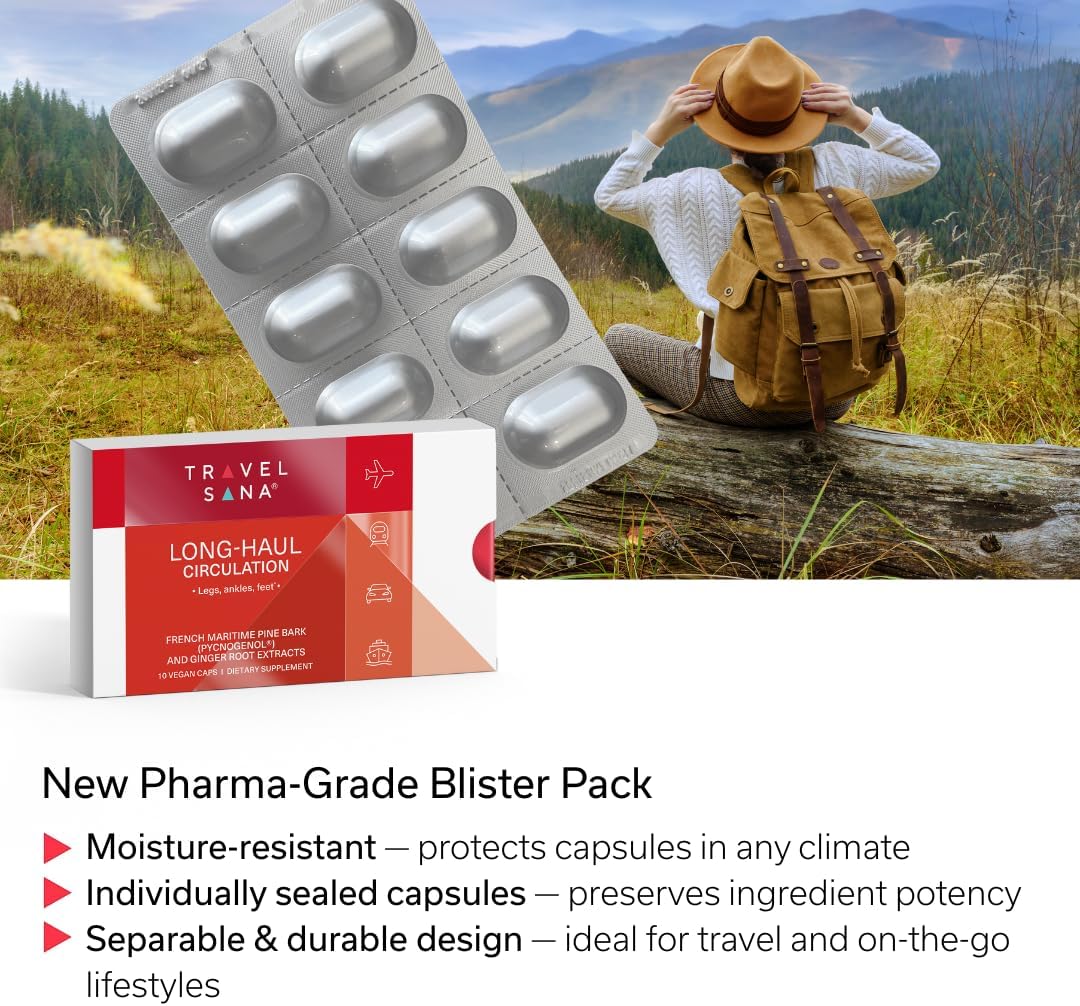 Pycnogenol 100mg & Ginger Extract | Supports Healthy Circulation, Vein Health & Leg Comfort | Helps with Occasional Swelling in Legs & Feet | Long-Haul Travel Essentials | 10 Vegan Caps