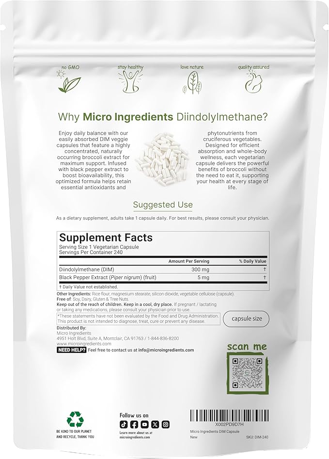 DIM Active Supplement, DIM 300mg, 240 Veggie Capsules (8-Month Supply), 2 in 1 Formula, Estrogen Metabolism, Premium DIM-Plus Broccoli Extract Supplement With Black Pepper for Better Absorption