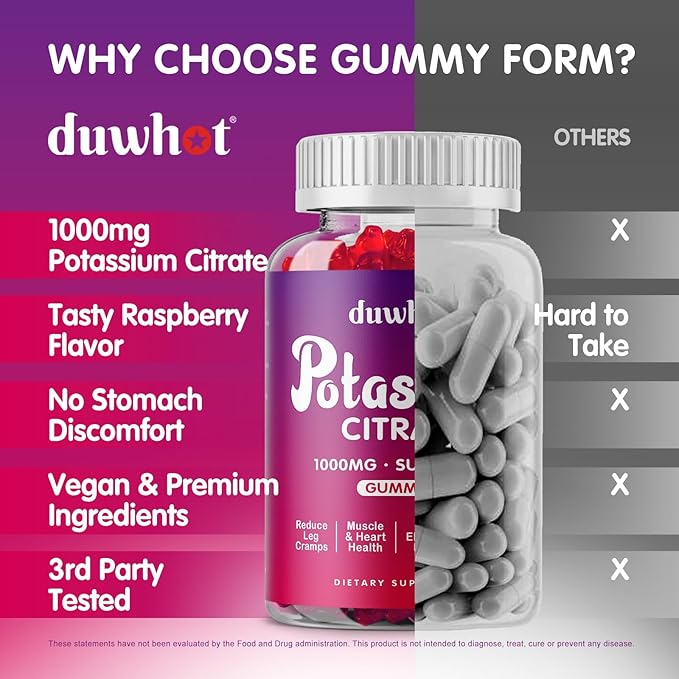 Potassium Citrate 1000mg Gummies, Potassium Supplement for Adults Women & Men, Support Leg Cramps & Muscle Health, 60 Chewables