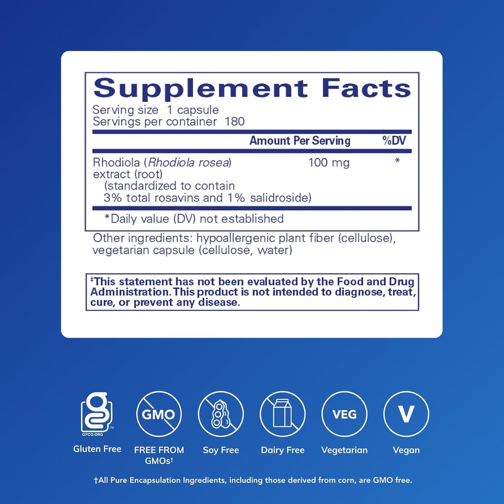 Pure Encapsulations Rhodiola Rosea - for Occasional Stress, Endurance & Fatigue Relief* - with Adaptogens - Gluten Free & Vegan - 180 Capsules