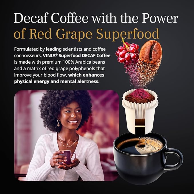 VINIA Decaf Medium Dark Roast with Red Grape Piceid Resveratrol, Nitric Oxide for Heart Health, Alertness, Physical Energy & Blood Flow Circulation. 30ct K-Cup Pods