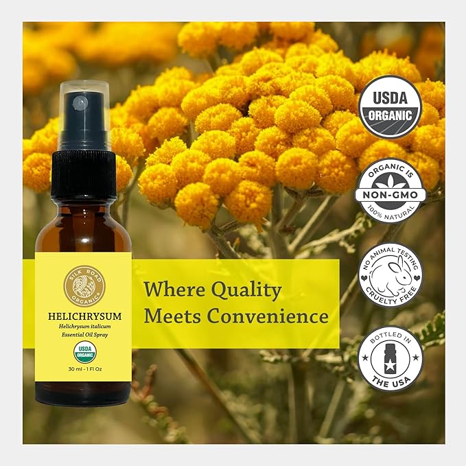 Silk Road Organic Helichrysum Italicum Essential Oil Spray, 100% Pure USDA Certified Aromatherapy for Skin Vitality & Anti-Aging – 1 Oz Spray - Always Pure, Always Organic