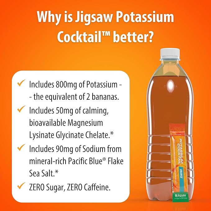 Jigsaw Health Potassium Cocktail | Formerly Pickleball Cocktail | Orange Flavor | 60 Servings (Packets)