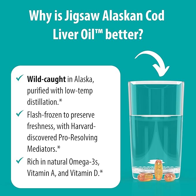Jigsaw Health Alaskan Cod Liver Oil | 900 mg Omega-3s with EPA, DHA, and DPA | Includes Naturally Occuring Vitamins A & D | 180 Softgels | 60 Servings
