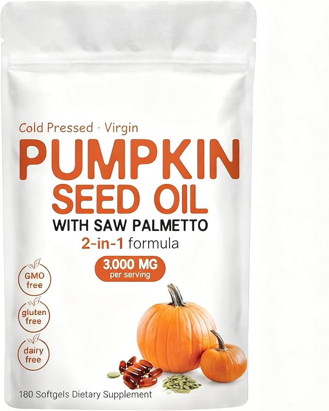 Pumpkin Seed Oil Capsules, Pumpkin Seed Oil 2 in 1 with Saw Palmetto, 3000mg Pure & Natural Supplement, Hair Growth, Skin Care - Non-GMO, Gluten - Free 180 Softgels