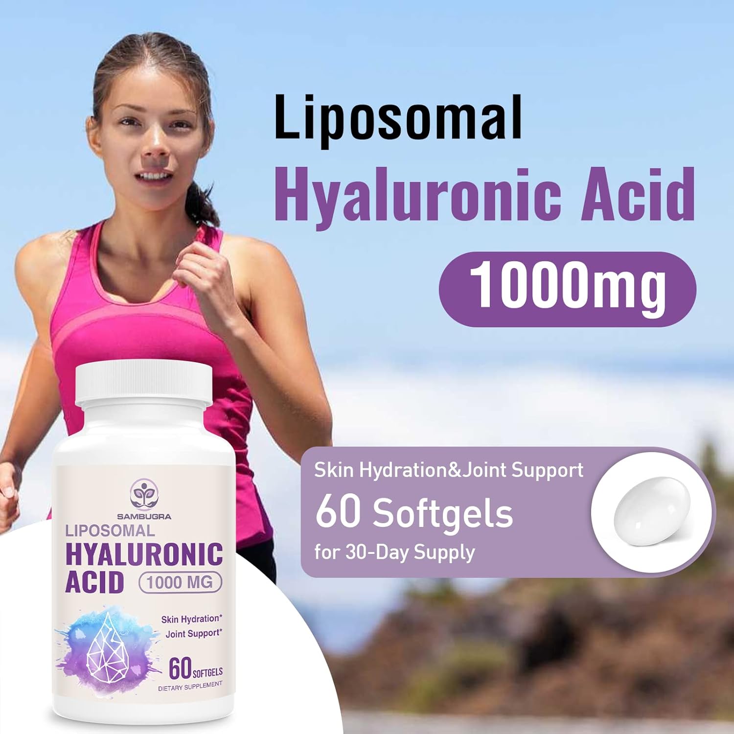 Liposomal Hyaluronic Acid 1000mg, High BioavailabilityHyaluronic Acid Capsules, Dietary Supplement Support Skin and Bones, 180 Capsules (Pack of 3)