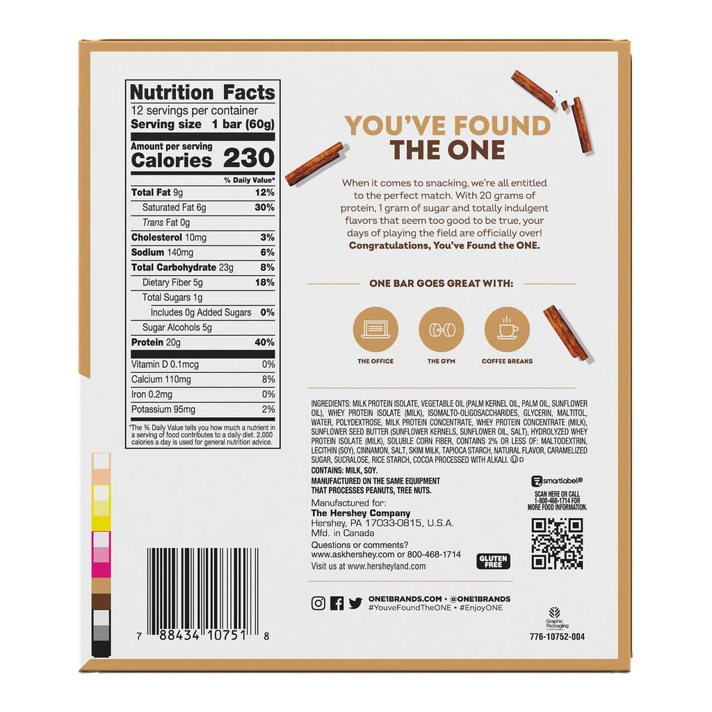 ONE Protein Bars, Cinnamon Roll, Gluten Free with 20g Protein and 1g Sugar, Pantry Staples, 2.12 oz (12 Count), Packaging May Vary