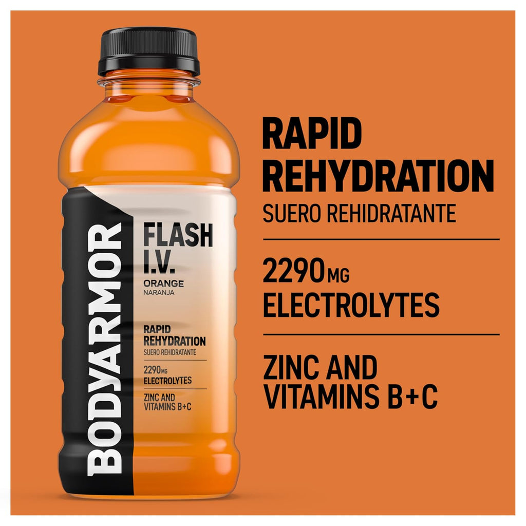 BODYARMOR Flash I.V. Electrolyte Beverage, Orange, Hydration Drink with Coconut Water For Rapid Rehydration, Post Workout Recovery, 20 Fl Oz (Pack of 12)