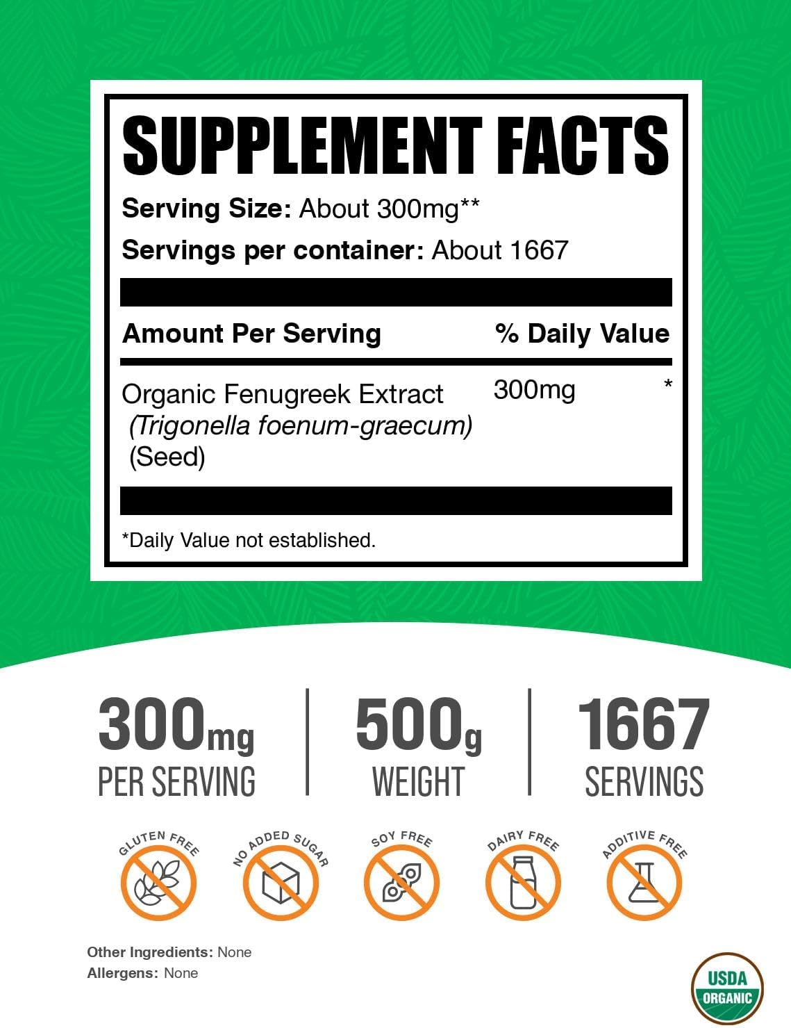 BulkSupplements.com Organic Fenugreek Extract Powder - Herbal Supplement, from Fenugreek Seeds - Gluten Free, 300mg per Serving, 500g (1.1 lbs) (Pack of 1)