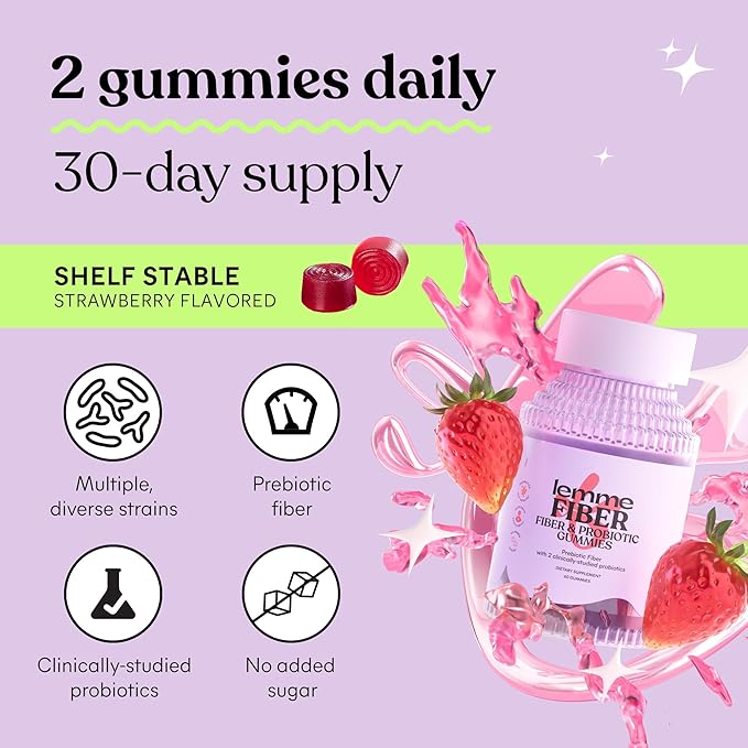 Lemme Fiber & Probiotic Gummies for Adults, Promotes Regularity & Digestive Health, No Sugar Added Strawberry Flavor, 4g Prebiotic Fiber & Clinically Studied Probiotic Strains, (60 Count)