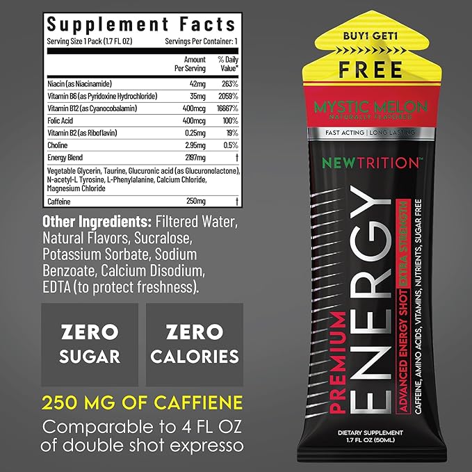NewTrition® Extra Strength Energy Shots 1.7 fl oz - 250mg Caffeine with B Vitamins & Amino Acids, Sugar-Free Zero Calorie Vitamin Energy Drink for Focus & Endurance (Pack of 12, 4 Flavors - Mixed 1)