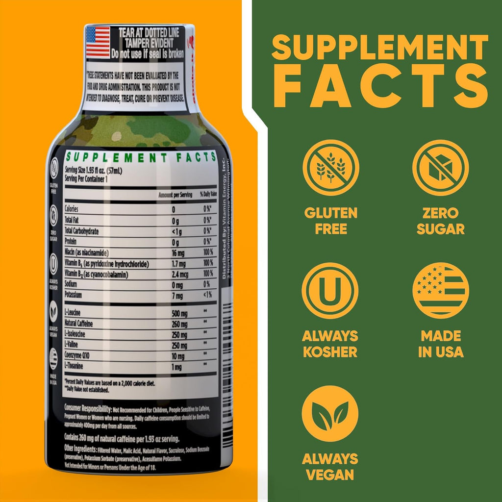 Vitamin Energy Immune+ Extra Strength Energy Shot Army Orange 12 Pack, 260mg Natural Caffeine, B-Vitamins, Citicoline, Green Tea, Immunity & Focus Support, Zero Sugar, Gluten-Free 1.93 fl oz