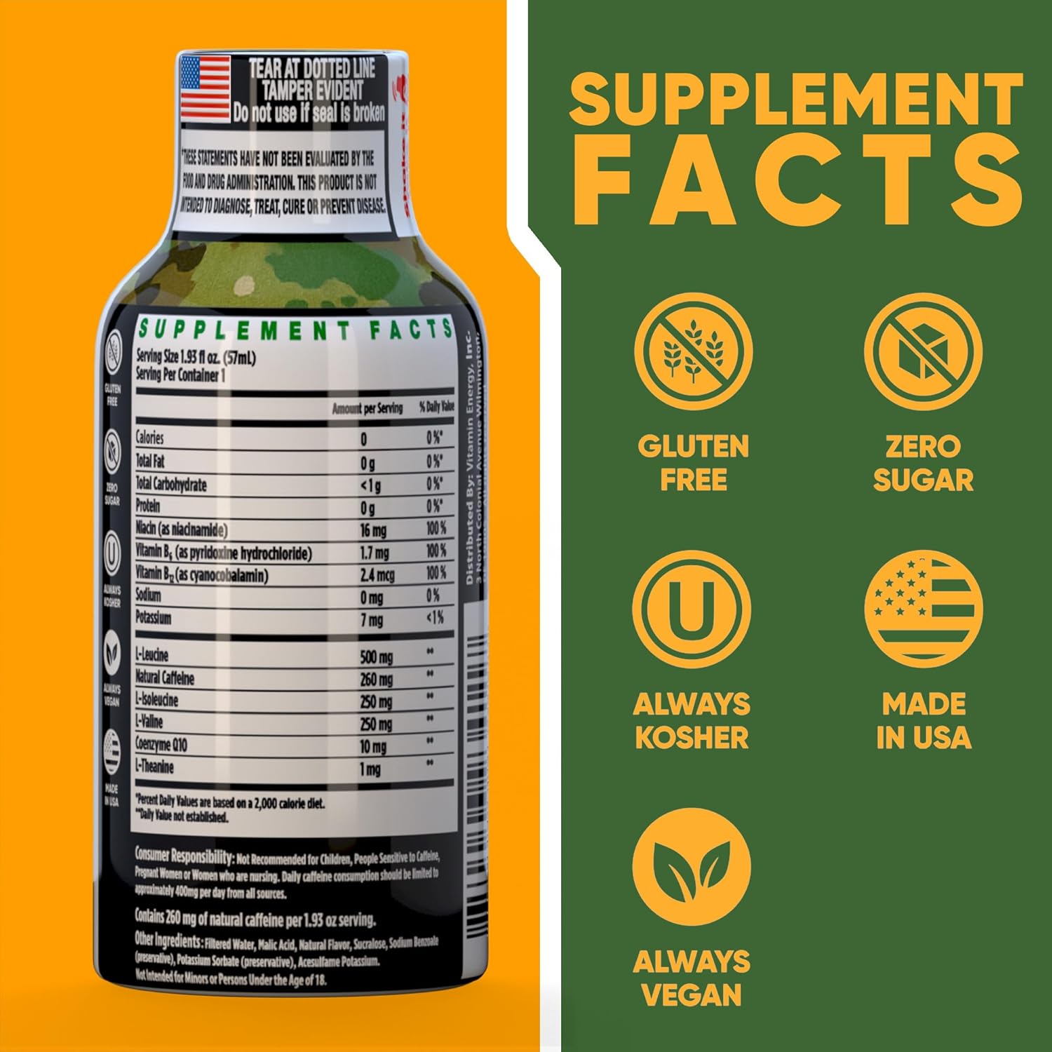 Vitamin Energy Immune+ Extra Strength Energy Shot Army Orange 12 Pack, 260mg Natural Caffeine, B-Vitamins, Citicoline, Green Tea, Immunity & Focus Support, Zero Sugar, Gluten-Free 1.93 fl oz