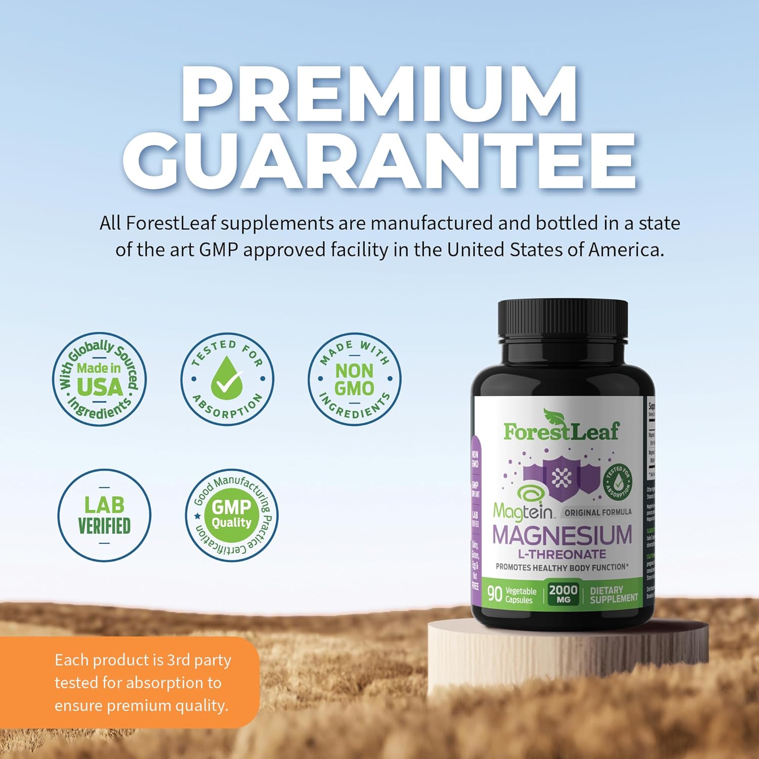 Forest Leaf Magnesium L-Threonate Magtein Capsules - 2000mg Magnesium Threonate Supplement Supports Cognitive Function, Focus, Brain, Deep Calm and Sleep for Men & Women | 90 Powder Veg Caps