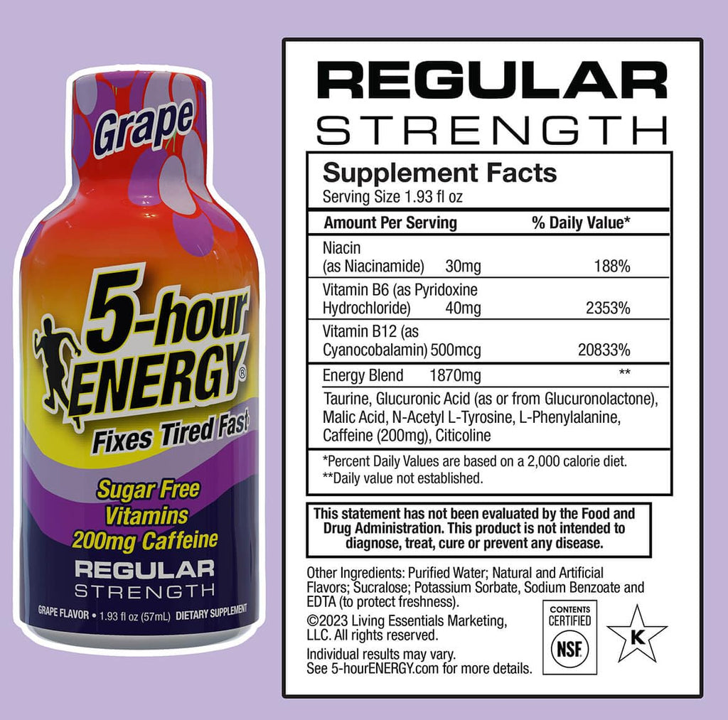 5-hour ENERGY Regular Strength Grape Energy Shot 1.93oz, 20-Pack – Sugar Free Caffeine Energy Booster with B-Vitamins & Amino Acids – Zero Calorie