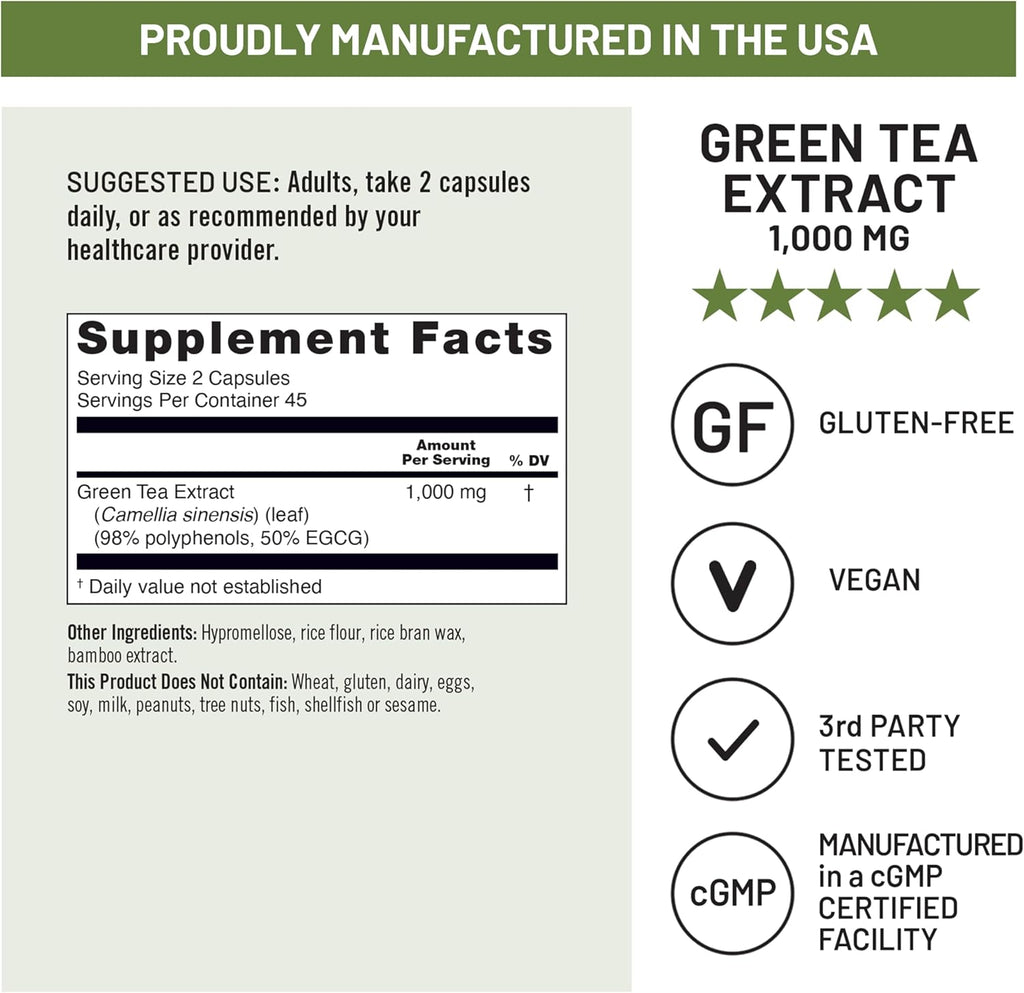 NatureWise Green Tea Extract Capsules 1000 mg - 50% EGCG & 98% Polyphenols - Extra Strength Green Tea Pills - Antioxidants for Heart Health & Energy - Vegan, Non-GMO - 90 Count[45-Day Supply]