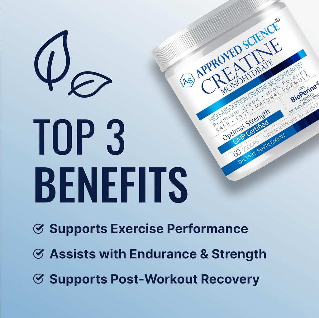 Approved Science Creatine Monohydrate Powder with BioPerine - Supports Lean Muscle Growth and Recovery - 60 Servings - 5g Per Serving - Unflavored - Non-GMO, Vegan