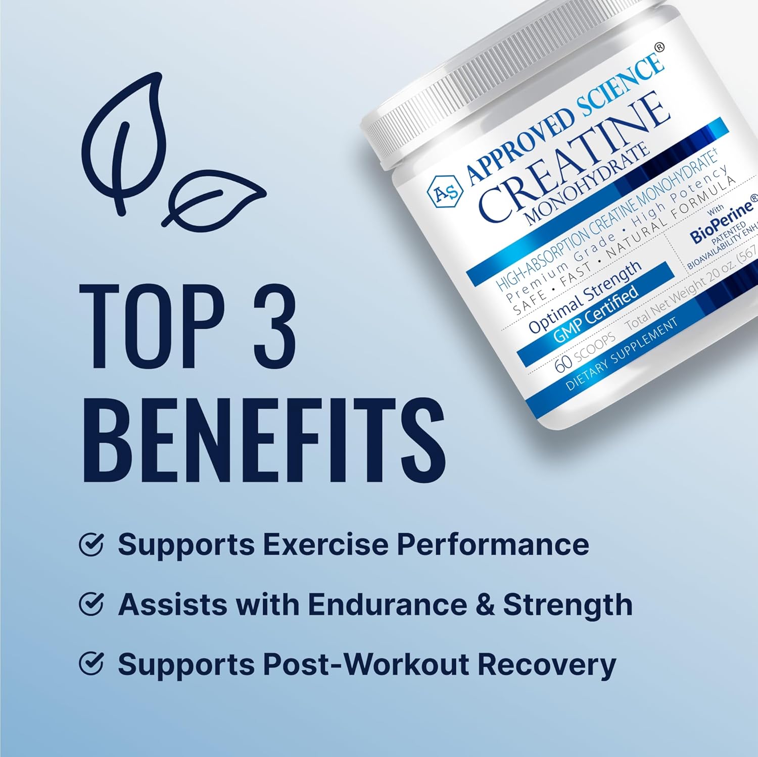 Approved Science Creatine Monohydrate Powder with BioPerine - Supports Lean Muscle Growth and Recovery - 60 Servings - 5g Per Serving - Unflavored - Non-GMO, Vegan