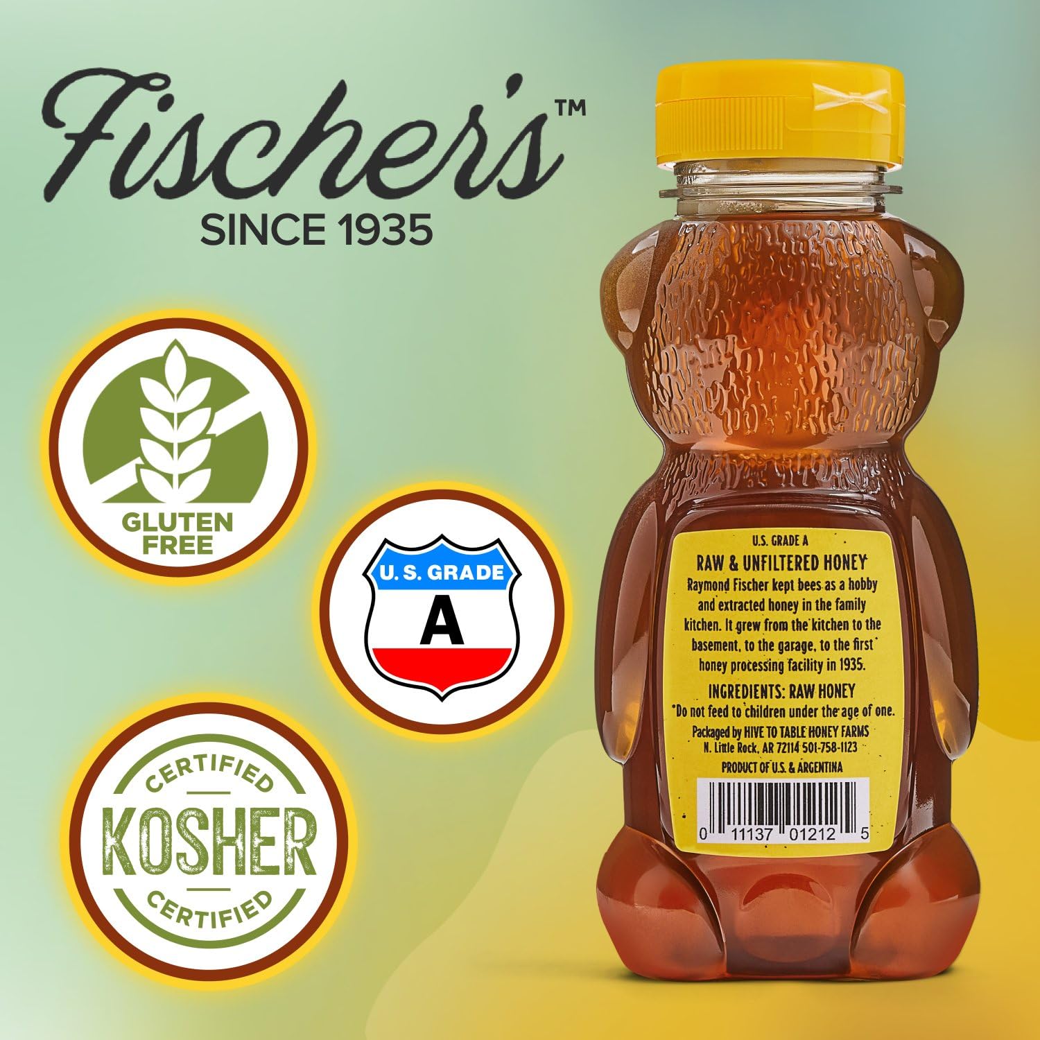 Fischer's Clover Honey, 12 Oz – 100% Pure, Raw & Unfiltered Honey – Squeezable Bear Bottle – Gluten-Free, Non-GMO – All-Natural Sweetener